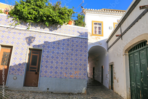 Typical colorful facade in Tavira town, Portugal