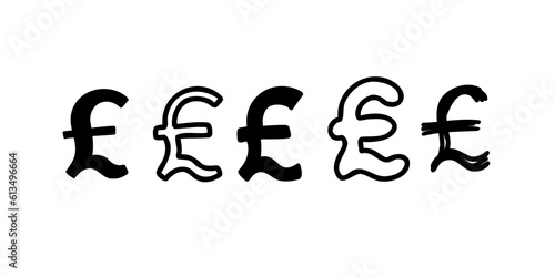 Sketched currency money finance sign icons Pound Sterling. Vector illustration in hand drawn cartoon doodle style isolated on white background. For typography, decorating.