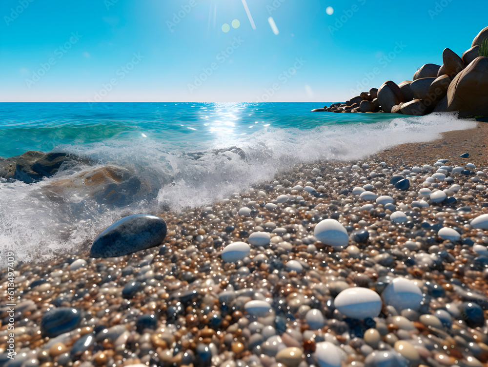 Beautiful sea coast with small pebbles, turquoise waves and the glare of the sun shimmering through them
