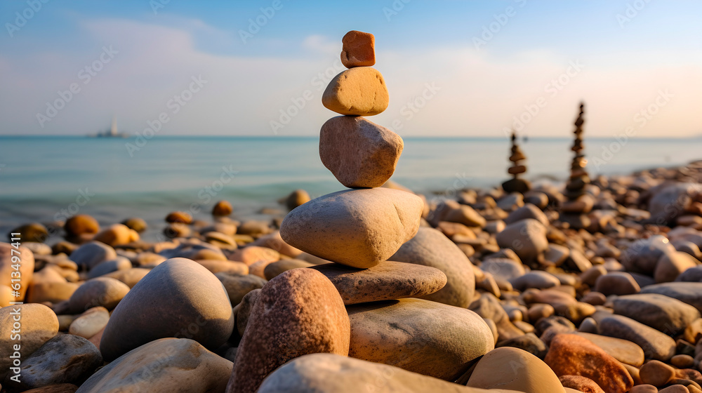 Pyramid stones balance on the beach against the background of the sea and the sky
