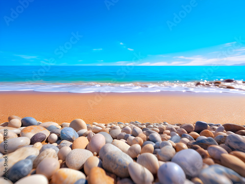 Beautiful sea coast with small pebbles  turquoise waves and the glare of the sun shimmering through them