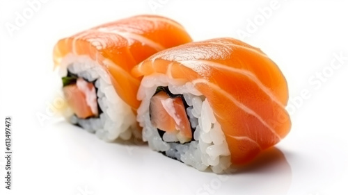 Fresh japanese salmon sushi on white background isolated copy space for restaurant menu