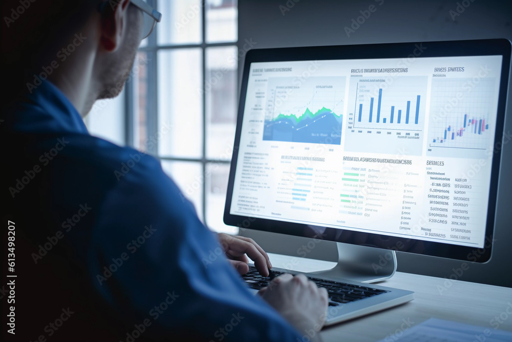 Businessman analyzing stock market graphs on a computer. Generative AI