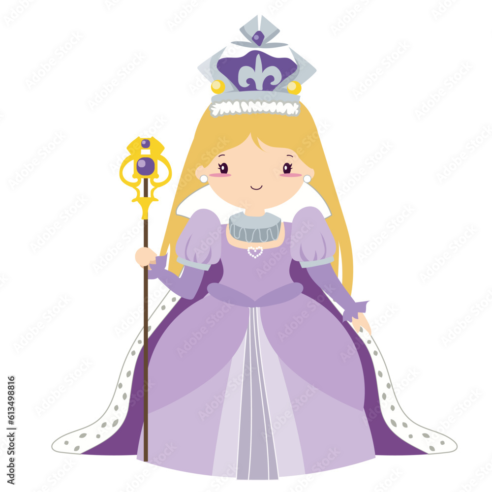 Clipart on white background of the queen in purple dress with sceptre. Medieval fairytale queen character. Vector outline fantasy monarch kingdom a queen in crown and mantle. 