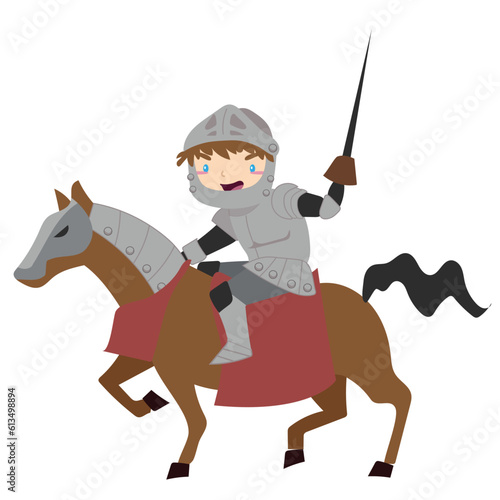 Clipart on white background of cute knight riding horse in armour and holding a sword. Medieval fairytale knight character. Vector outline fantasy monarch kingdom.