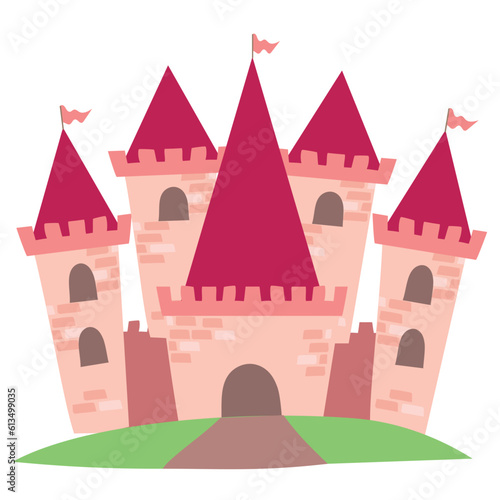 Clipart on white background of cute monarch kingdom. Medieval the kingdom castle in vector. Vector outline fantasy monarch kingdom.