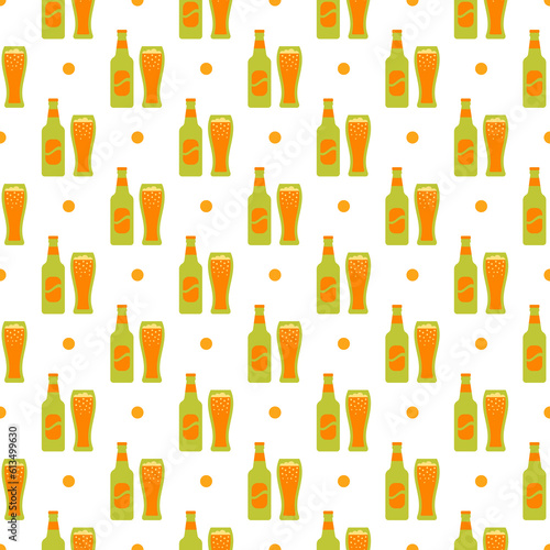 Octoberfest pattern with green beer bottles and glasses of beer. Oktoberfest seamless background. Germany traditional texture. Prints. Bavarian diamond wallpaper. Vector. Color illustration