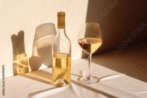 Flat lay with white wine bottle, set glasses wine with sunshine shadow and flare on light beige background. White wine aesthetic photo, copyspace. Summer holiday still life. AI Generative