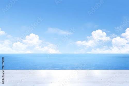 White wood floor with sea and sky background. Blue cool water and cloud bright rays light. Generative AI