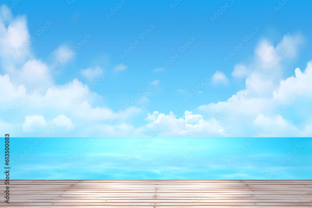 Wood floor in the background is sea beach. sea and sky background. Generative AI