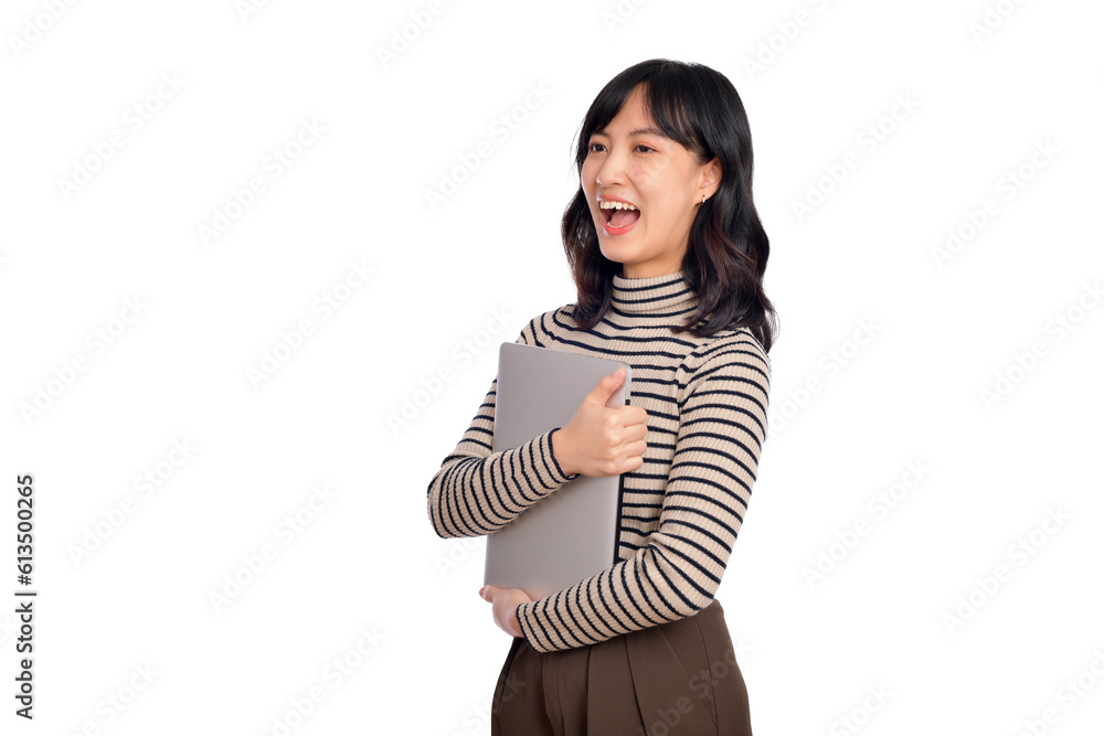 Beautiful young Asian woman on sweater clothing holding laptop pc computer and looking at camera with smile face, isolated on white background - PNG format Beautiful young Asian woman on sweater clothing holding laptop pc computer and looking at camera with smile face, isolated on white background - PNG format