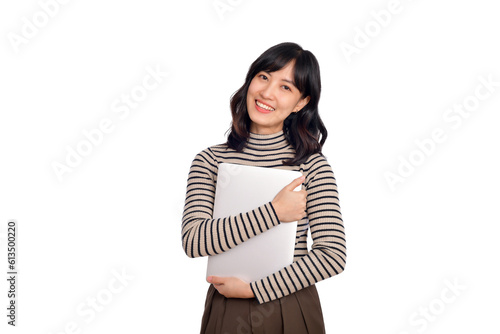 Beautiful young Asian woman on sweater clothing holding laptop pc computer and looking at camera with smile face, isolated on white background - PNG format