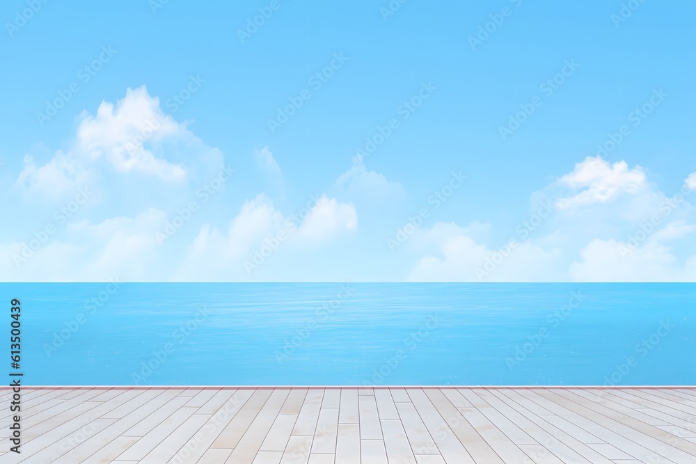 Fototapeta premium Wooden pier beside sea. clouds sky background. Generative AI