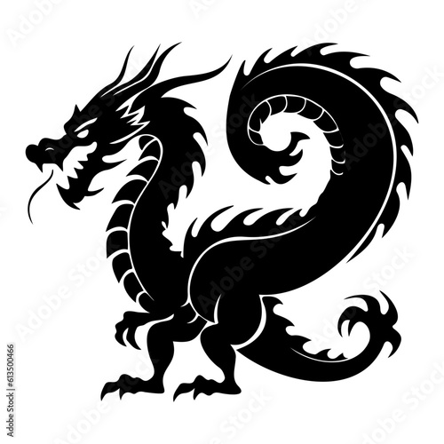 Black silhouette dragon icon. Asian style tattoo template isolated on white background
