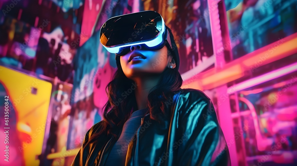 A young woman wearing futuristic glasses of virtual reality, surrounded by vibrant neon lights casting colorful reflections on her face. A young woman wearing futuristic glasses of virtual reality, surrounded by vibrant neon lights casting colorful reflections on her face.