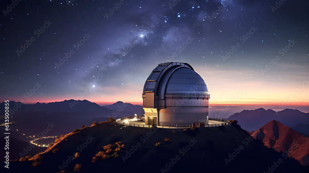 A bustling observatory atop a mountain peak, with astronomers peering through powerful telescopes at distant stars and galaxies - obrazy, fototapety, plakaty 