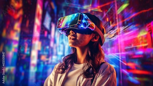 A young woman wearing futuristic glasses of virtual reality, surrounded by vibrant neon lights casting colorful reflections on her face.  © SEUNGJIN
