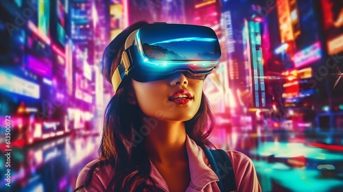 A young woman wearing futuristic glasses of virtual reality, surrounded by vibrant neon lights casting colorful reflections on her face. 