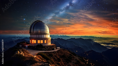 A bustling observatory atop a mountain peak, with astronomers peering through powerful telescopes at distant stars and galaxies photo