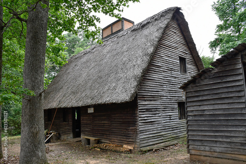 Houses with roof made with straw. Early Settlement Interpretive, Henricus Historical Park, Chester, Virginia