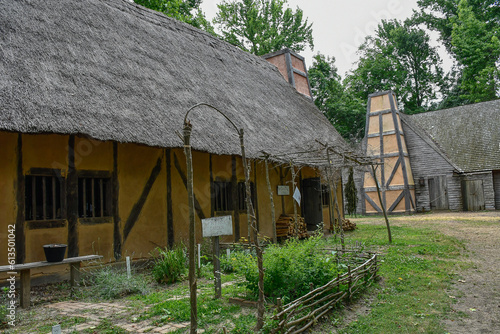 Houses with roof made with straw. Early Settlement Interpretive, Henricus Historical Park, Chester, Virginia