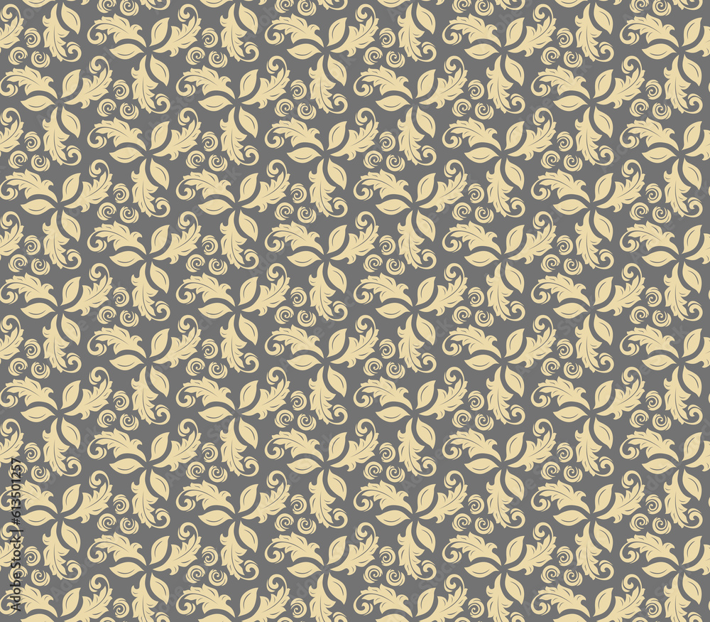 Floral ornament. Seamless abstract classic background with golden leaves. Pattern with repeating floral elements. Ornament for fabric, wallpaper and packaging