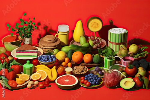 Luscious food platter, surrealist, cakes, fruits and vegetables