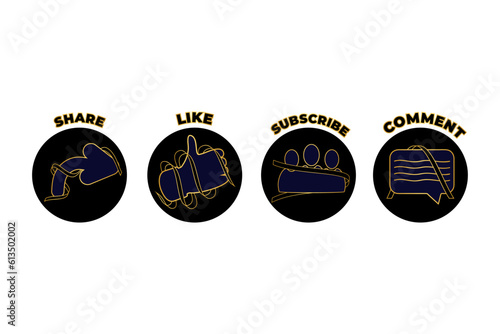 set of buttons for social media content with vector eps format, like like, follow, comment, share. Gold and dark blue in color