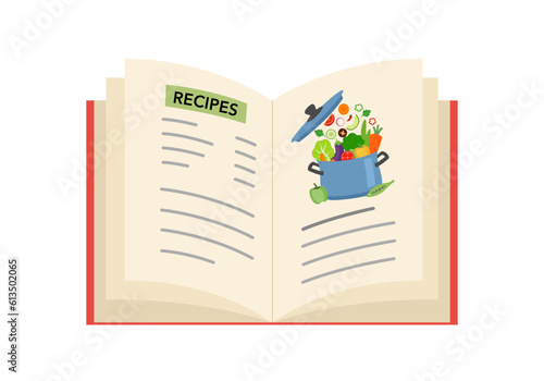 Opening cook book in flat design on white background. Recipes book concept vector illustration.