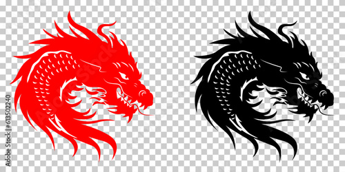 Traditional Chinese Dragon in black and red colors. 2024 Year of the Dragon. Vector illustration isolated on transparent background