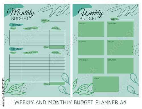 The weekly and monthly budget planner in A4 format. Financial planner. Finances, income, and expenses.