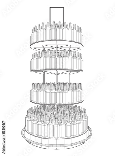 Wireframe Wine bottles stacked on wooden racks. Vector illustration isolated on white background. Bottle rack icon vector in thin line, on white background. Beer and brewing sign and symbol. 3D.