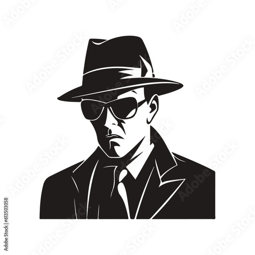 Silhouette of a mysterious man in a hat with a mustache in glasses. Retro style vector illustration of noir gentleman in coat. Mafia icon symbol logo isolated on white background 