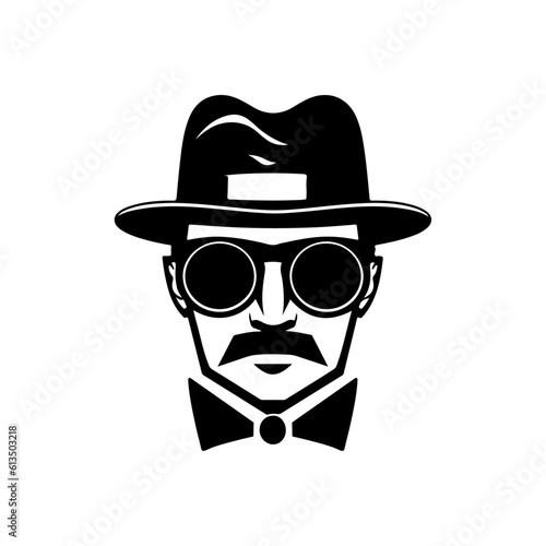 Silhouette of a mysterious man in a hat with a mustache in glasses. Retro style vector illustration of noir gentleman. Mafia steampunk icon symbol logo isolated on white background