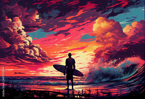 big seaside sunset sky and doing surfing Generative AI