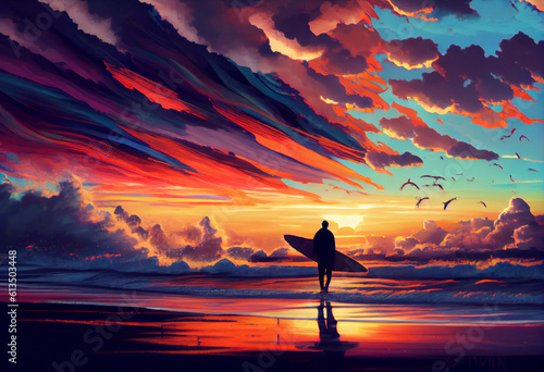 big seaside sunset sky and doing surfing Generative AI