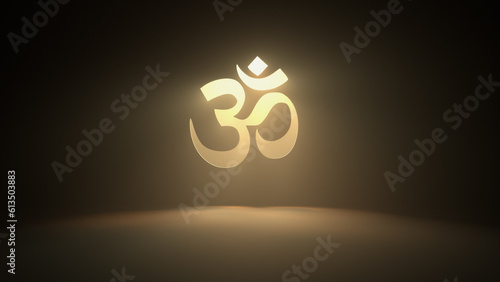 Shining Om symbol of Hinduism on the wall with warm yellow rays of light - 3D illustration
