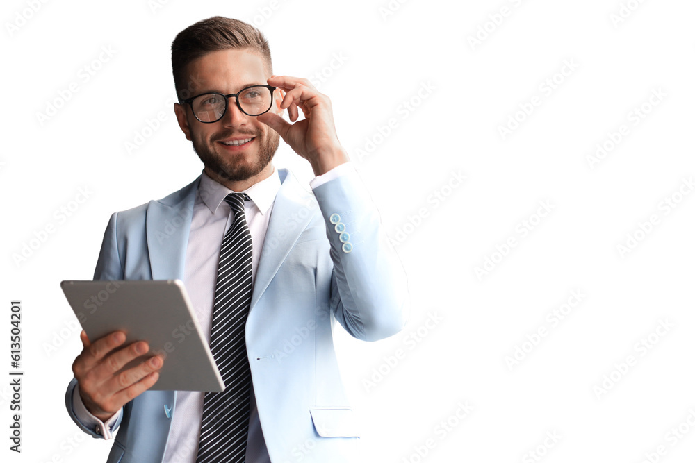 Modern business man in formalwear using digital tablet while standing on a transparent background Modern business man in formalwear using digital tablet while standing on a transparent background