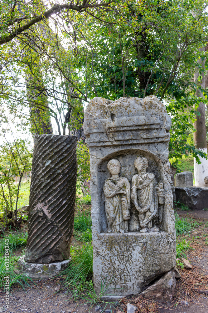 Close-up carved Roman stone in Djemila museum. UNESCO world heritage site. Djemila, Setif, Algeria