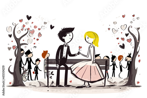Couple sitting on a bench on a wedding vector art (with crowd in the background)
