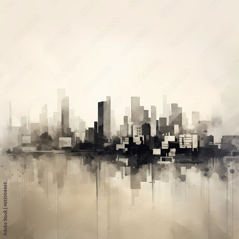 A watercolor drawing depicting an urban foggy horizon. Generative artificial intelligence.