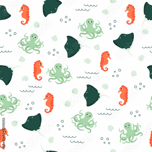 Vector seamless pattern with seahorse, octopus, devilfish.Underwater cartoon creatures.Marine background.Cute ocean pattern for fabric, childrens clothing,textiles,wrapping paper
