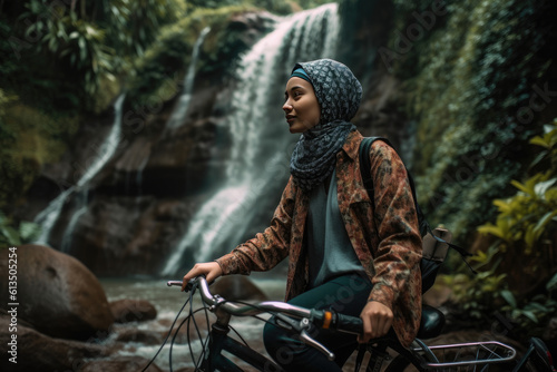 A women with hijab riding a bike in front of a waterfall. Generative AI © nornie