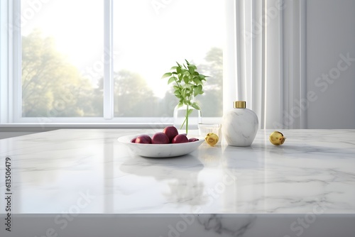 Marble stone countertop on blurry luxury kitchen interior background, generative ai © ITrWorks