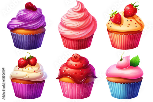set cup cake in cartoon style for video game isolated on white background, AI Generative AI