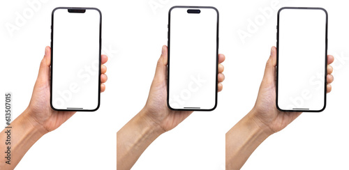 Hand holding the black smart phone mockup with blank screen and modern frameless design - isolated on white background - Clipping Path photo