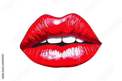 Glossy colored and sexy red lips. Vector illustration isolated on white background. Hot kiss sticker lips with red lipstick