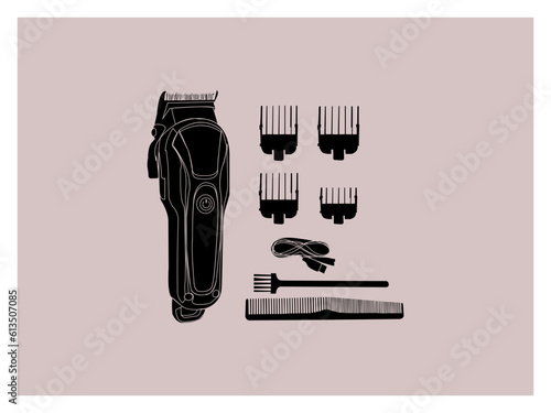 Realistic tools. Professional saloon accessories. Hygiene modern colorful electric and the original replacement air nozzle.  Hair clippers  Vector flat illustration, isolated on white background.