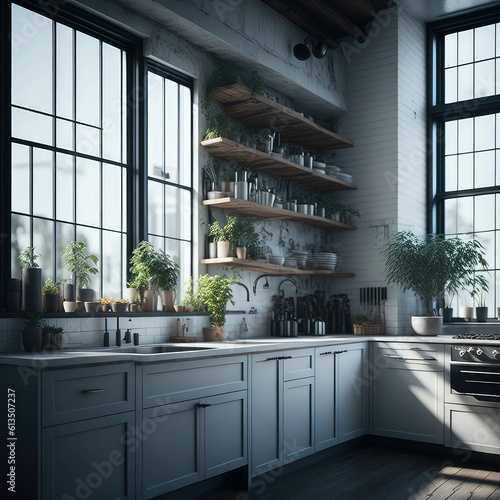 Industrial Style Interiror Kitchen Room, Large Windows Sunlight, Open Shelfs, Plants in pots, Personal Acsesories Generative Ai photo