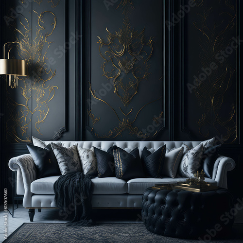 Cozy Sofa On Classic Victorian Pattern Wallpaper Wall, Living Room, Soft Window Light, Side Table with Metal texture Generative AI photo